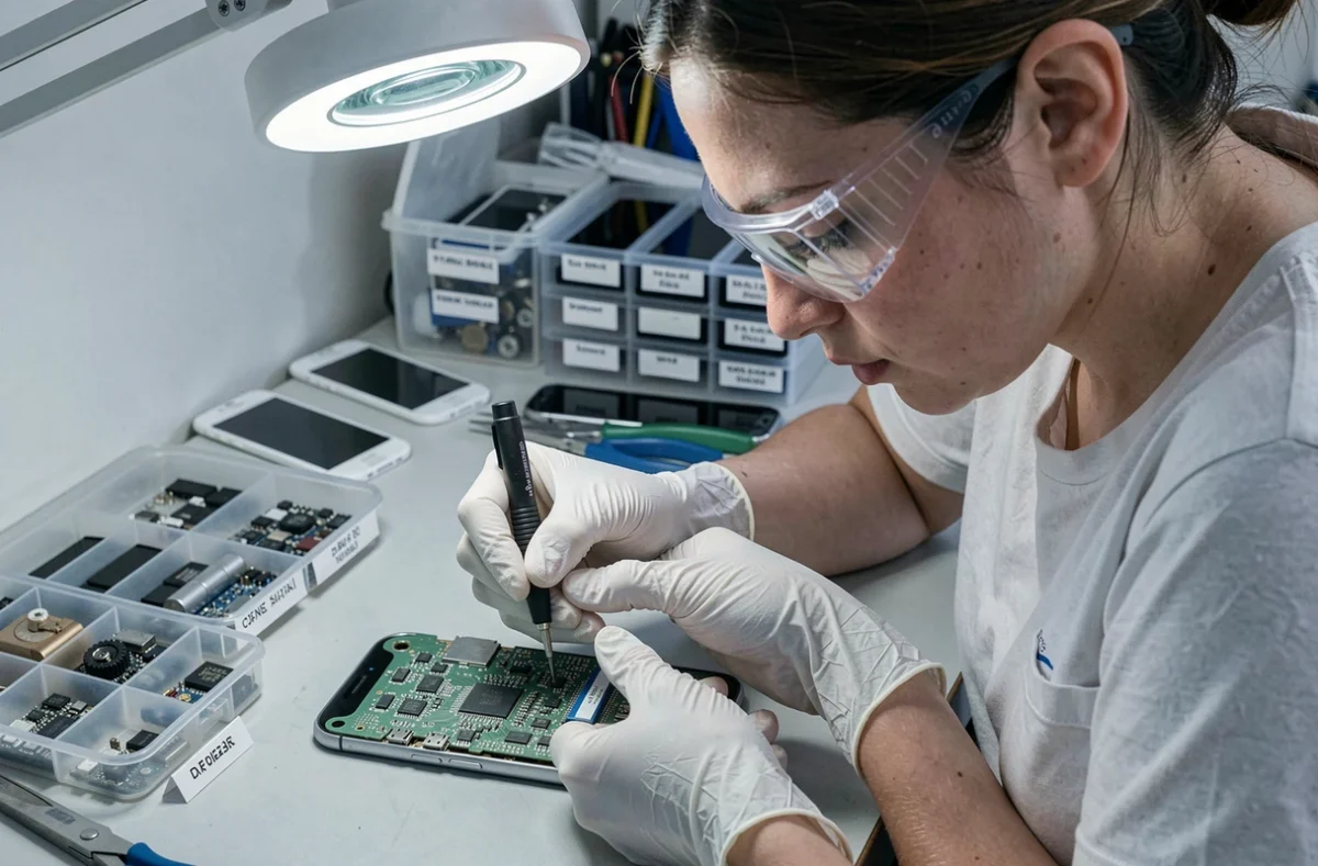 Technicienne de Point Service Mobiles Asnières-sur-Seine réparant la connectique d'un smartphone avec des outils de précision