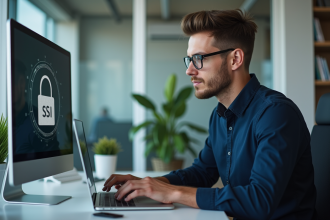 Jeune homme en informatique travaillant sur un ordinateur avec un cadenas SSL