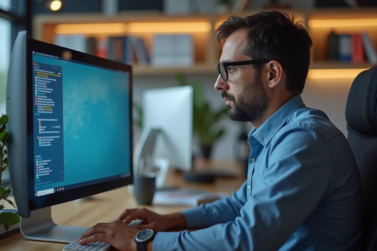 Homme professionnel IT regardant un écran Silverlight en bureau