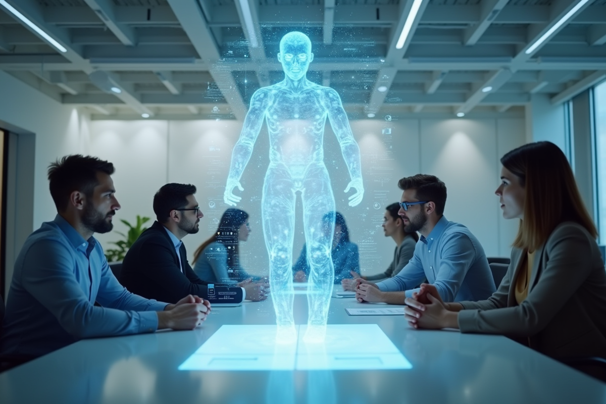 Groupe de professionnels avec assistant holographique