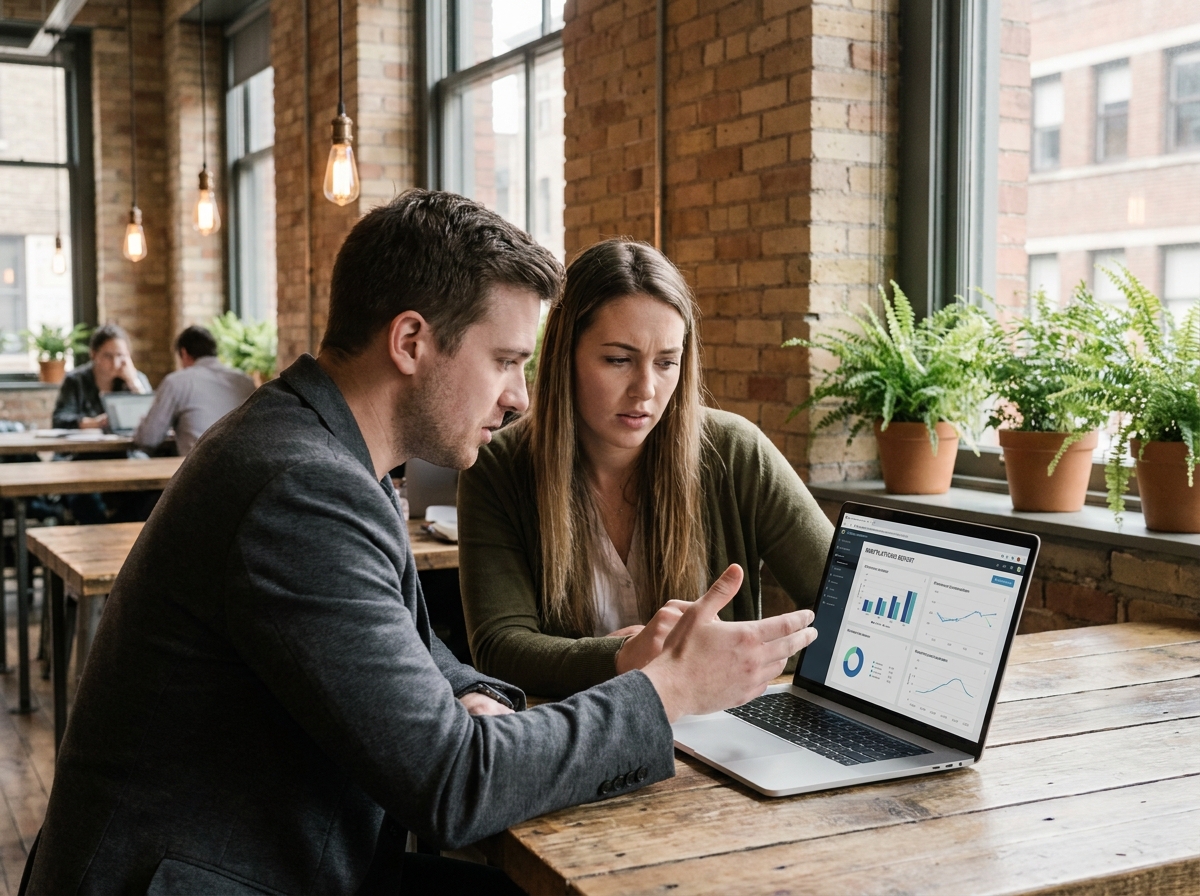 Deux professionnels MSP comparant des plateformes RMM sur un ordinateur portable dans un espace de coworking