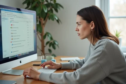 Femme utilisant un ordinateur portable pour retrouver un raccourci disparu sur le bureau Windows