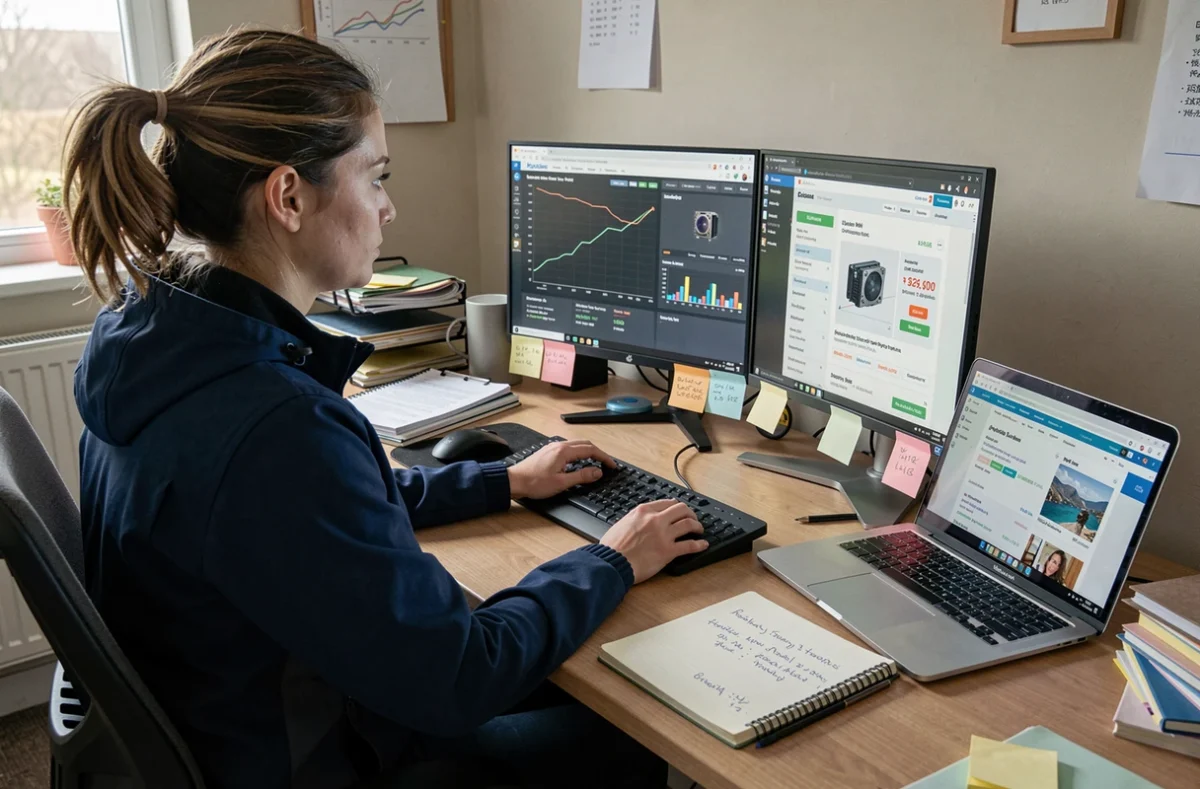 Femme analysant des comparatifs de cartes graphiques sur son ordinateur à domicile pour trouver le meilleur GPU au meilleur prix en 2026