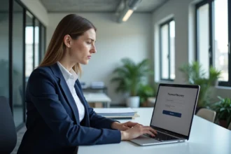 Femme professionnelle récupérant un mot de passe oublié sur sa messagerie professionnelle depuis un bureau moderne à Nancy ou Metz