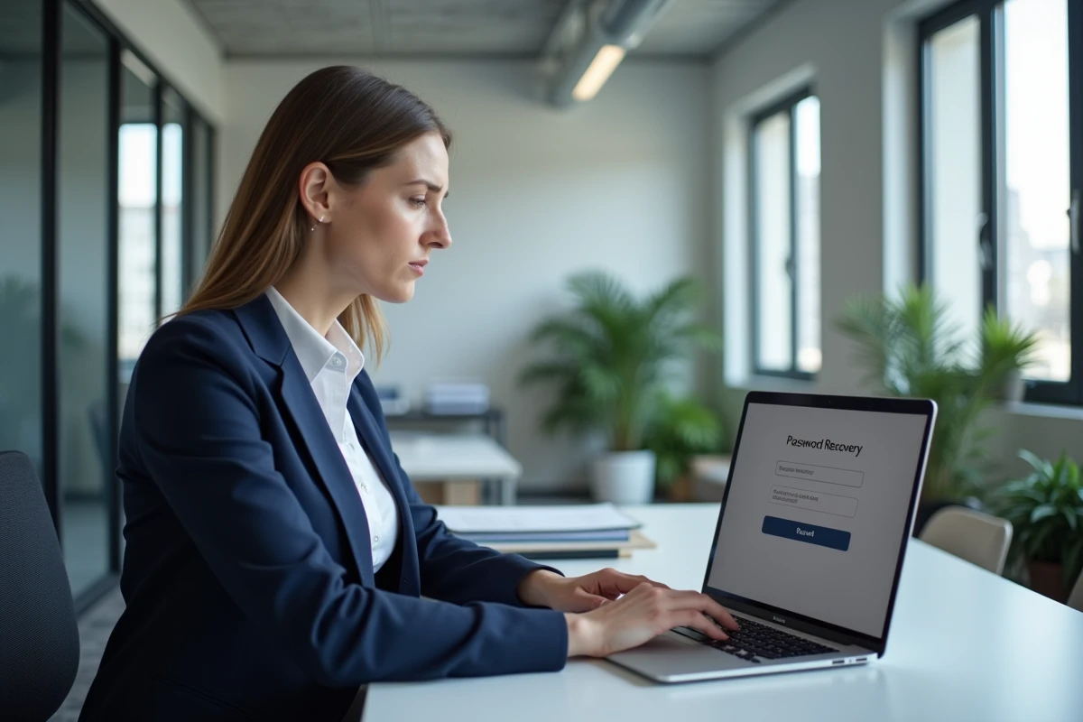 Femme professionnelle récupérant un mot de passe oublié sur sa messagerie professionnelle depuis un bureau moderne à Nancy ou Metz