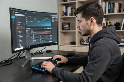 Utilisateur ajustant les paramètres de ventilateurs dans Armory Crate ASUS sur un PC gaming silencieux