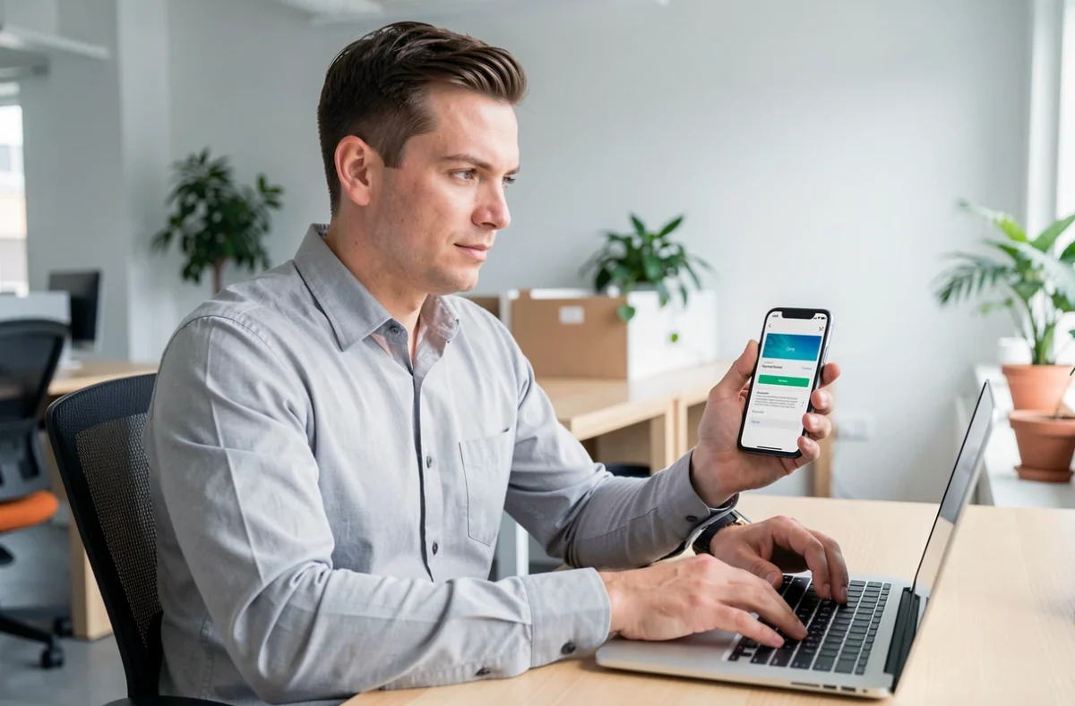 Homme réinitialisant son mot de passe webmail depuis son téléphone et son ordinateur au bureau