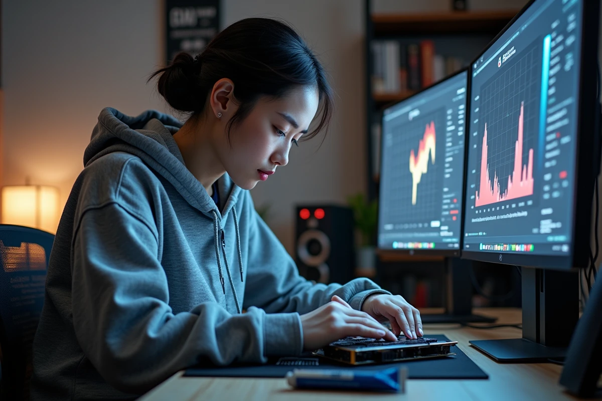 Femme technicienne remontant une carte graphique après application de pâte thermique à son bureau