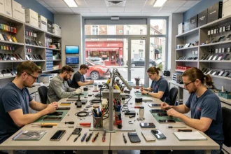 Atelier de réparation de smartphones dans les Hauts-de-Seine avec des techniciens au travail sur plusieurs appareils