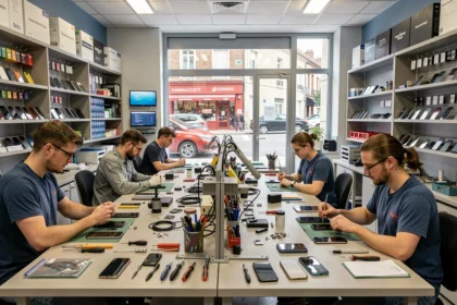 Atelier de réparation de smartphones dans les Hauts-de-Seine avec des techniciens au travail sur plusieurs appareils