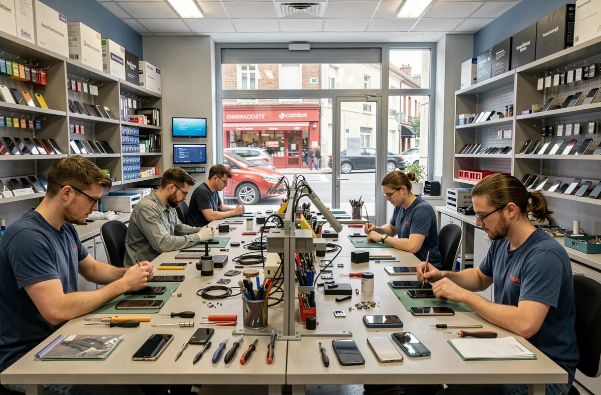 Atelier de réparation de smartphones dans les Hauts-de-Seine avec des techniciens au travail sur plusieurs appareils