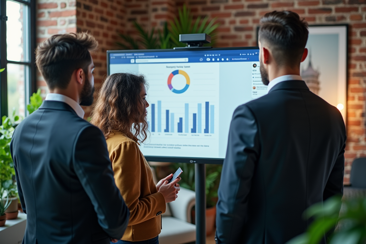 Professionnels discutant autour d un grand ecran en bureau