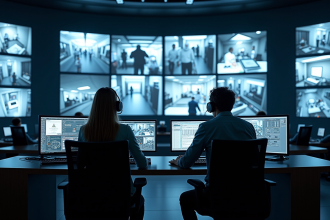 Salle de controle de securite moderne avec ecrans CCTV