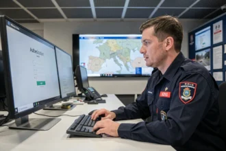 Sapeur-pompier SDIS authentifiant son accès au système Artemis sur un poste informatique en salle de commandement