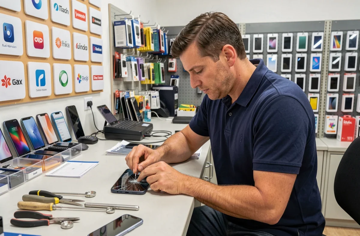 Technicien de Save Rueil-Malmaison remplaçant un écran de smartphone multimarque au comptoir de réparation