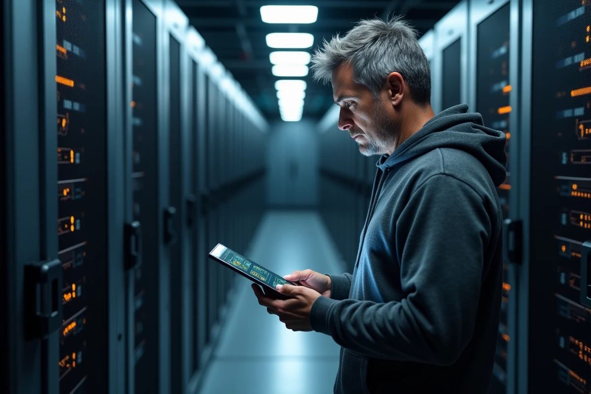 Professionnel informatique analysant des données dans un centre serveur pour la gestion de la vie privée