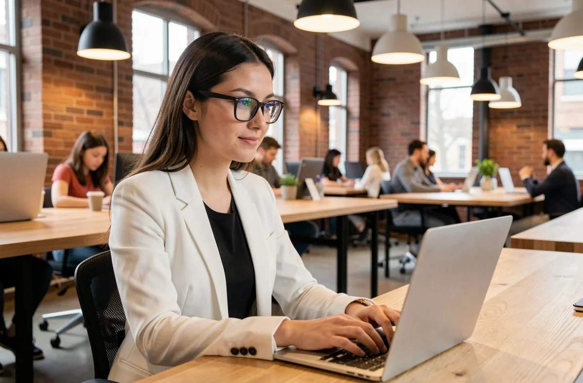 Jeune professionnelle gérant la sécurité de son espace abonné dans un espace de coworking urbain
