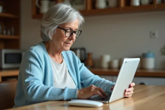 Femme senior utilisant une tablette avec une interface de messagerie simplifiée Orange à la maison