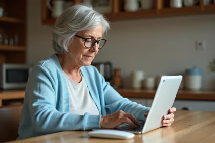 Femme senior utilisant une tablette avec une interface de messagerie simplifiée Orange à la maison