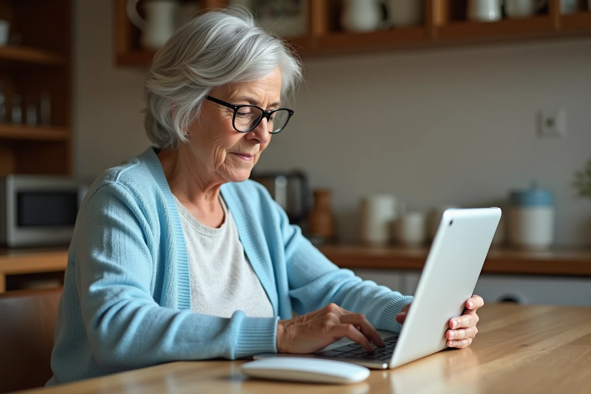 Femme senior utilisant une tablette avec une interface de messagerie simplifiée Orange à la maison