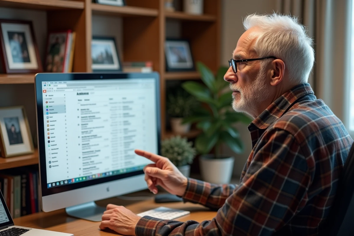 Homme âgé devant un ordinateur de bureau avec une interface mail Orange adaptée aux seniors