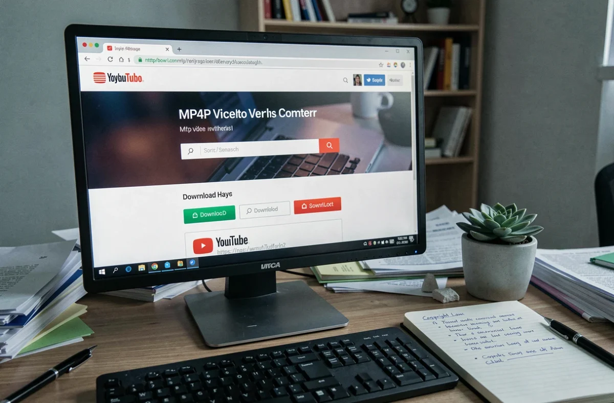Écran d'ordinateur affichant un site convertisseur MP4 YouTube avec des notes manuscrites sur le droit d'auteur posées à côté
