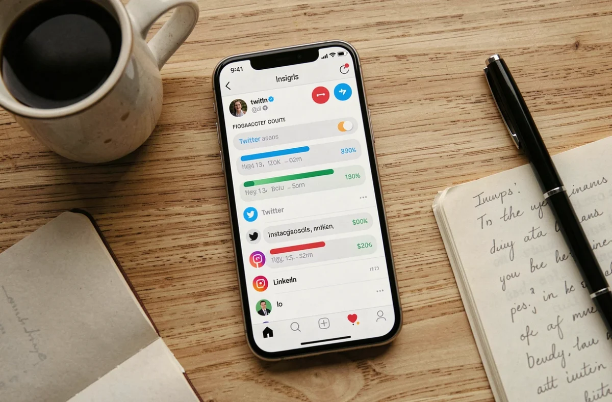 Vue en plongée d'un smartphone affichant un calculateur de caractères pour plusieurs réseaux sociaux sur un bureau en bois