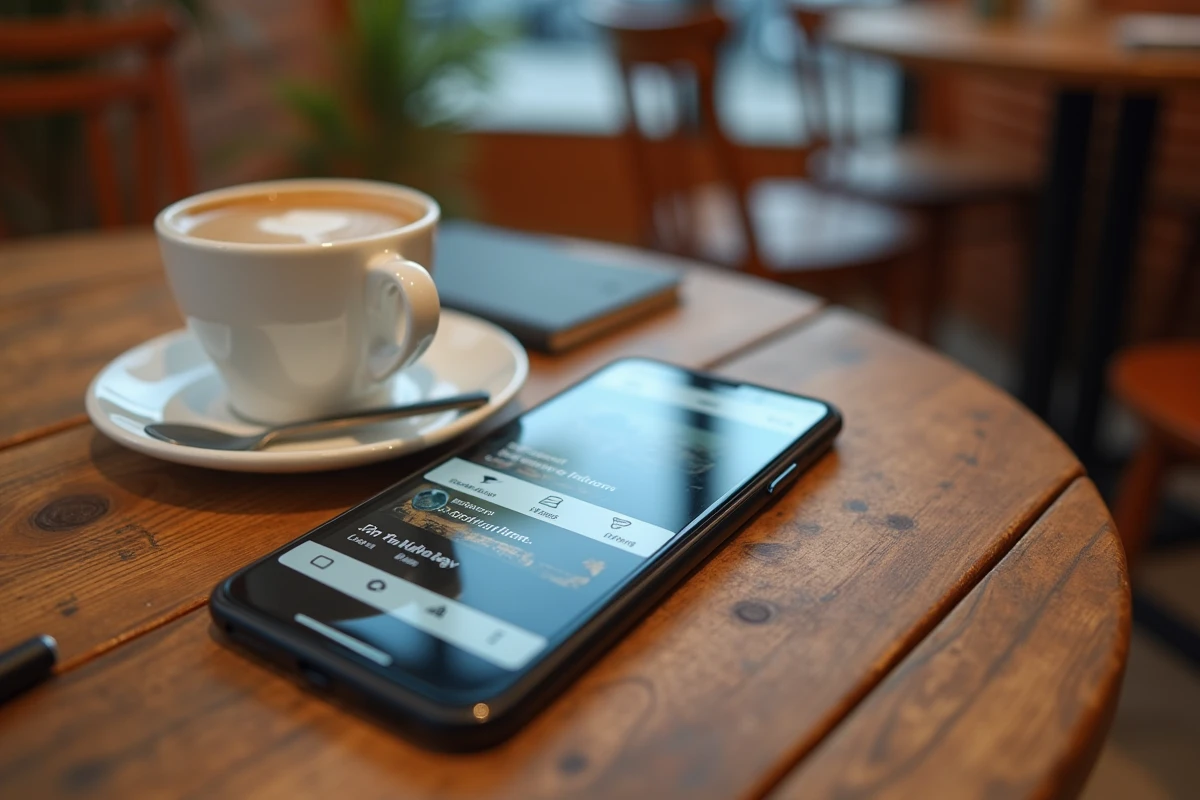 Smartphone affichant la liste des vues d'une Story Instagram posé sur une table de café avec un expresso