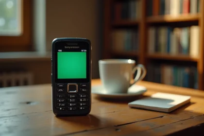 Ancien téléphone Sony Ericsson à clavier physique QWERTY posé sur un bureau en bois, vue en plongée légère dans un bureau à domicile chaleureux