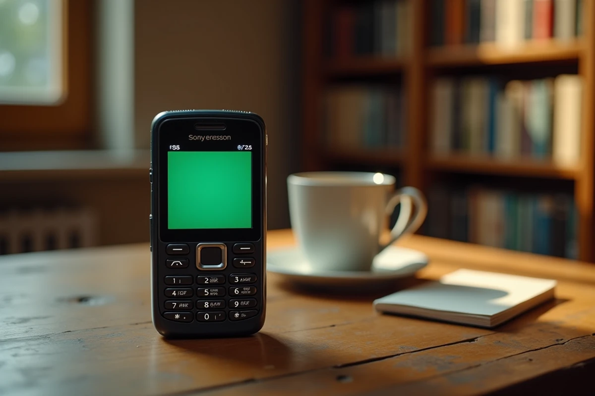 Ancien téléphone Sony Ericsson à clavier physique QWERTY posé sur un bureau en bois, vue en plongée légère dans un bureau à domicile chaleureux