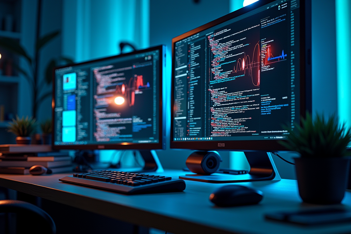 Poste informatique avec composants et écrans de code