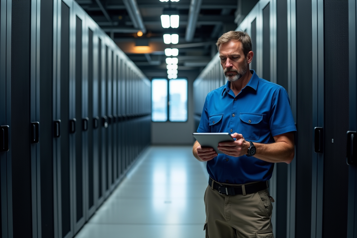 Technicien en centre de données avec tablette