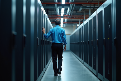 Technicien informatique dans un centre de données moderne