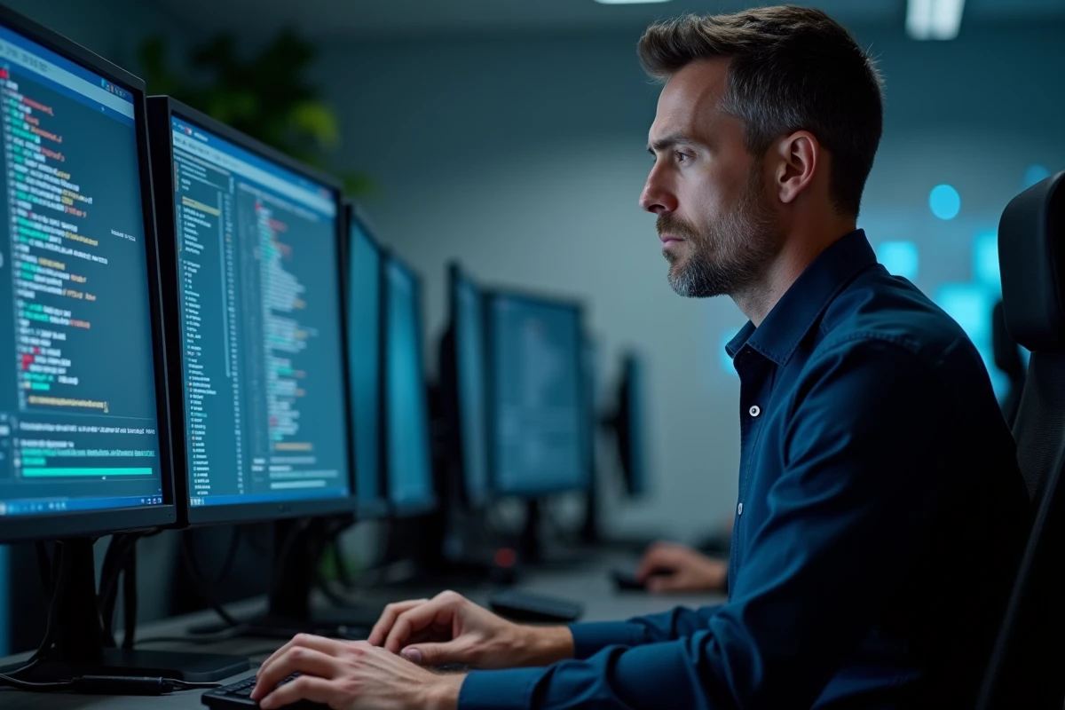 Technicien en cybersécurité analysant des pilotes système sur un poste de travail dans un centre opérationnel informatique
