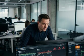 Technicien MSP analysant un tableau de bord RMM sur plusieurs écrans dans un bureau moderne