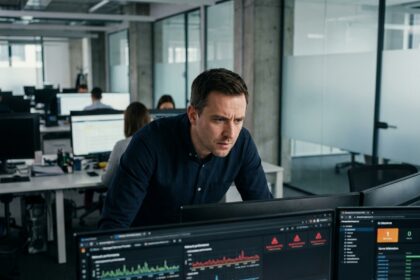 Technicien MSP analysant un tableau de bord RMM sur plusieurs écrans dans un bureau moderne