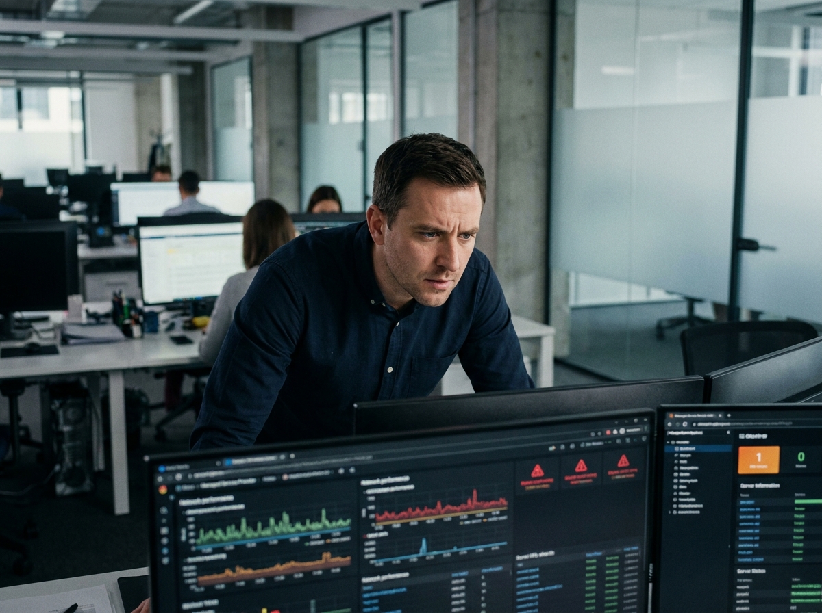 Technicien MSP analysant un tableau de bord RMM sur plusieurs écrans dans un bureau moderne