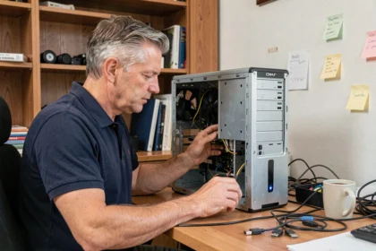 Technicien informatique inspectant un vieux PC de bureau pour évaluer la compatibilité avec Windows 11