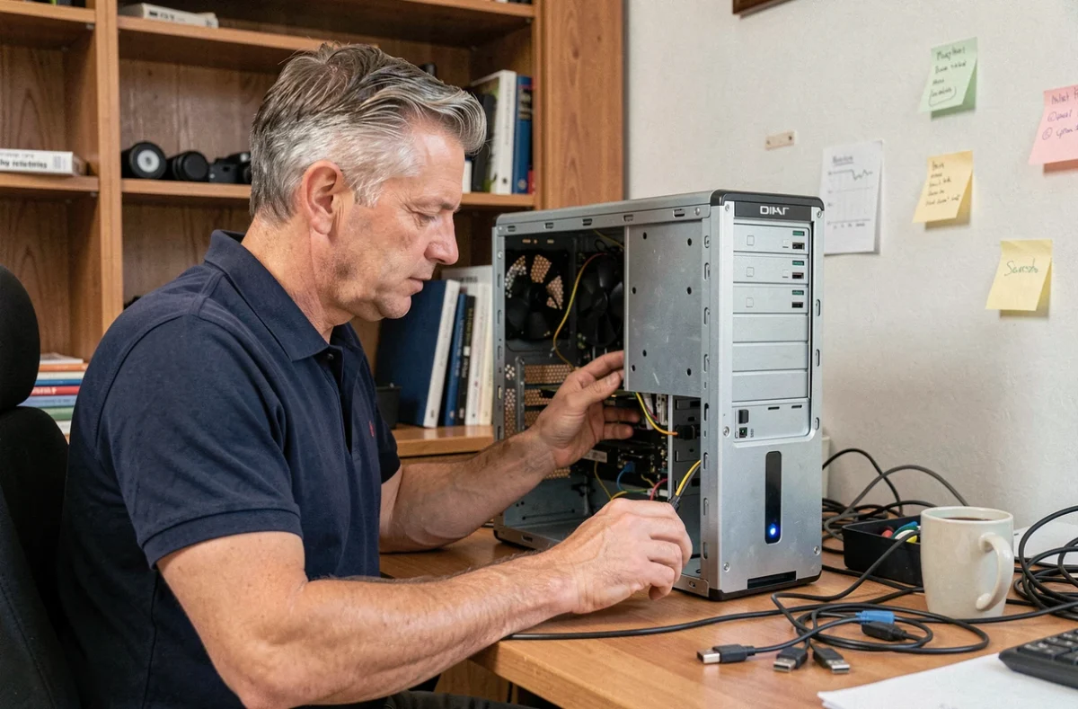 Technicien informatique inspectant un vieux PC de bureau pour évaluer la compatibilité avec Windows 11
