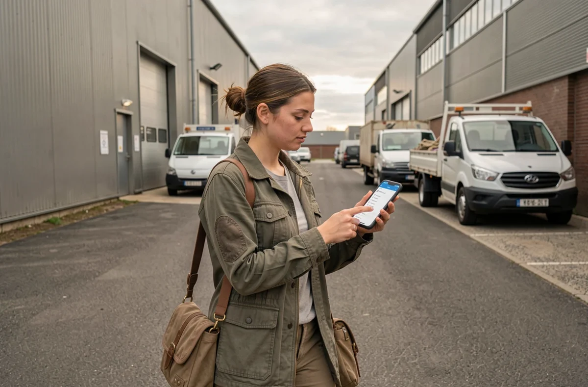 Technicienne terrain consultant une application de gestion de tâches sur smartphone dans un environnement industriel