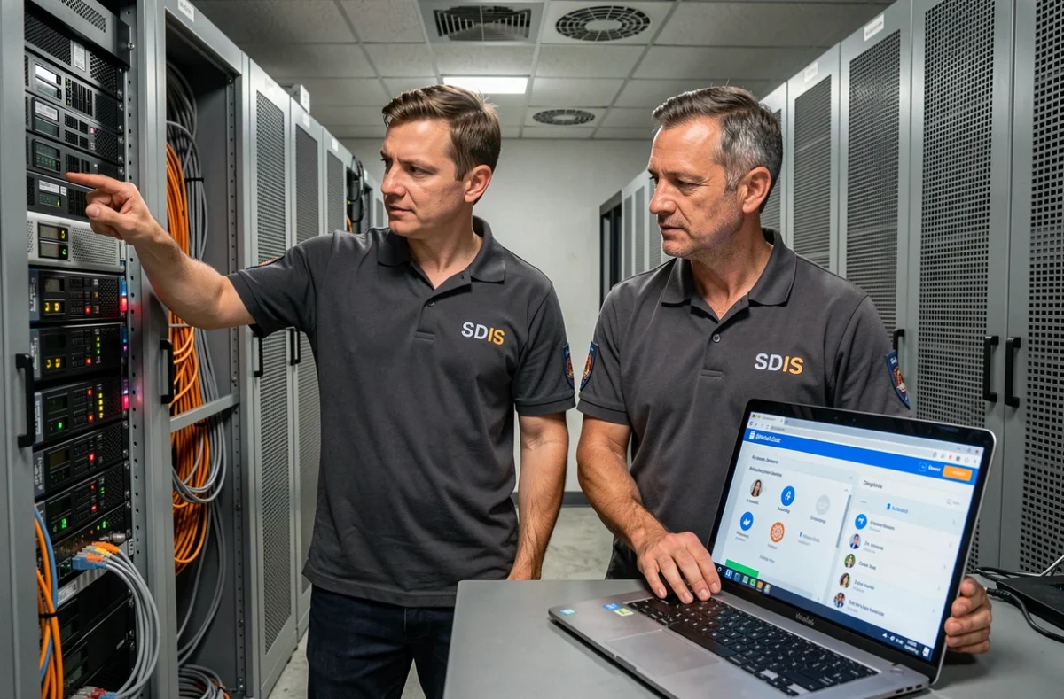 Deux techniciens SDIS configurant le service d'authentification Artemis dans une salle serveur informatique