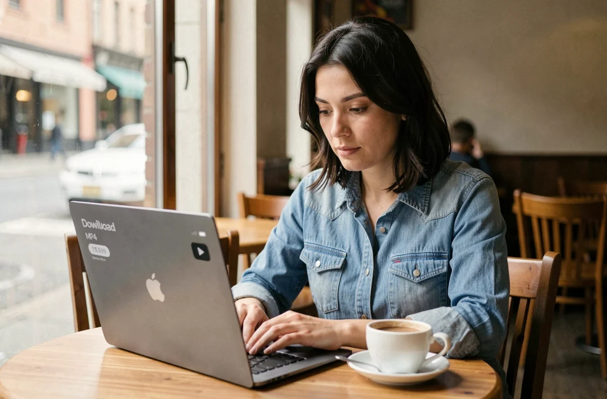 Femme téléchargeant une vidéo YouTube en format MP4 depuis un café avec son ordinateur portable