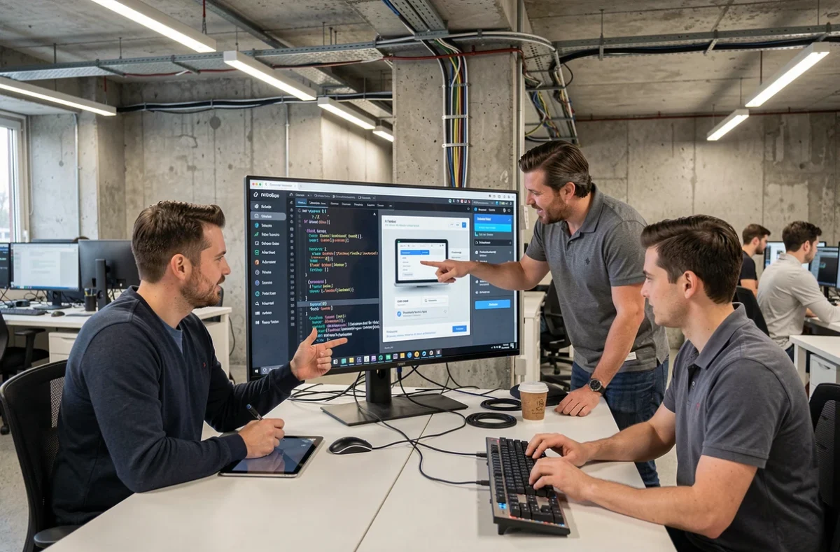 Équipe de développeurs de TheCodingMachine travaillant sur une application web intégrée à l'IA dans leur studio technologique