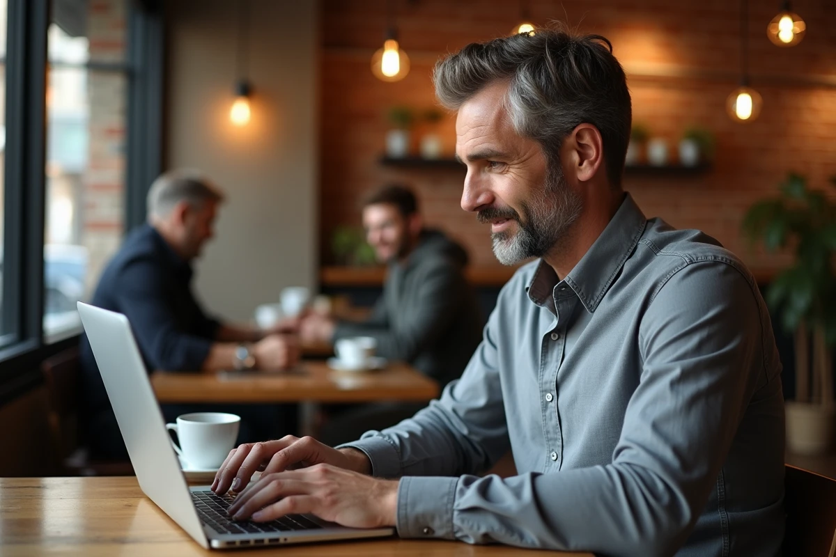 Homme utilisant l'interface de contacts du webmail 1&1 sur un ordinateur portable dans un café urbain