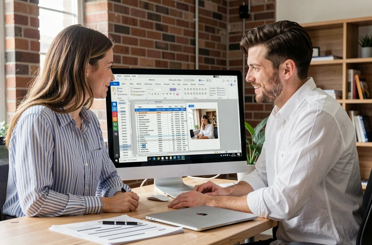 Deux collègues vérifiant la mise en forme d'un document Word converti depuis Pages avec tableaux et images intacts