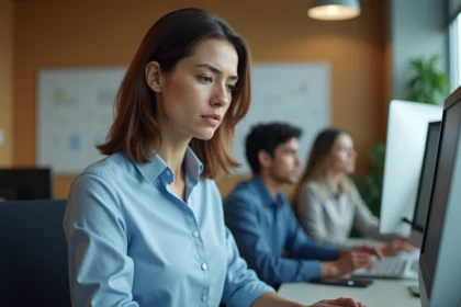 Femme vérifiant les paramètres de messagerie sur un ordinateur de bureau dans un open space professionnel
