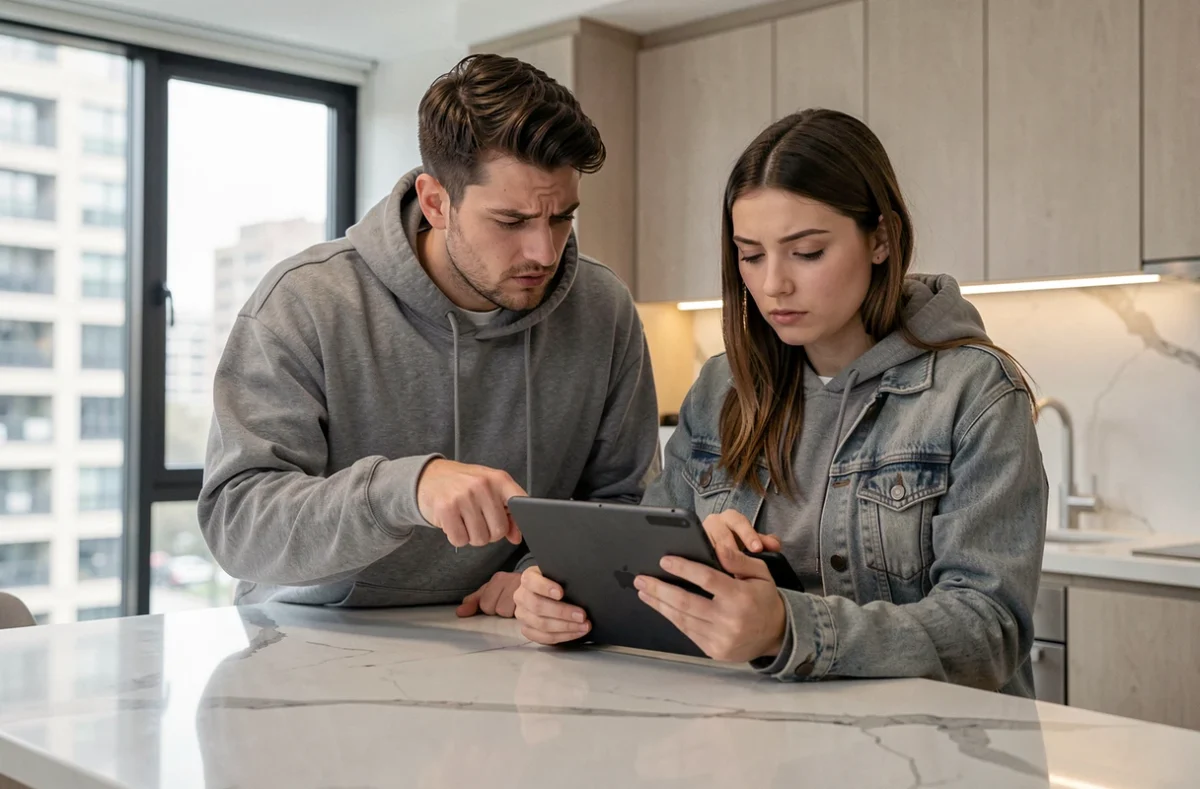 Deux amis vérifiant ensemble la fiabilité d'un site de revente de jeux vidéo sur une tablette et un smartphone