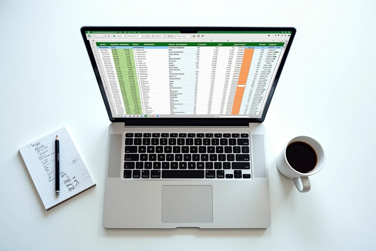 Vue aérienne d'un ordinateur portable avec un grand tableau Excel affichant des formules de calcul de moyenne automatisées