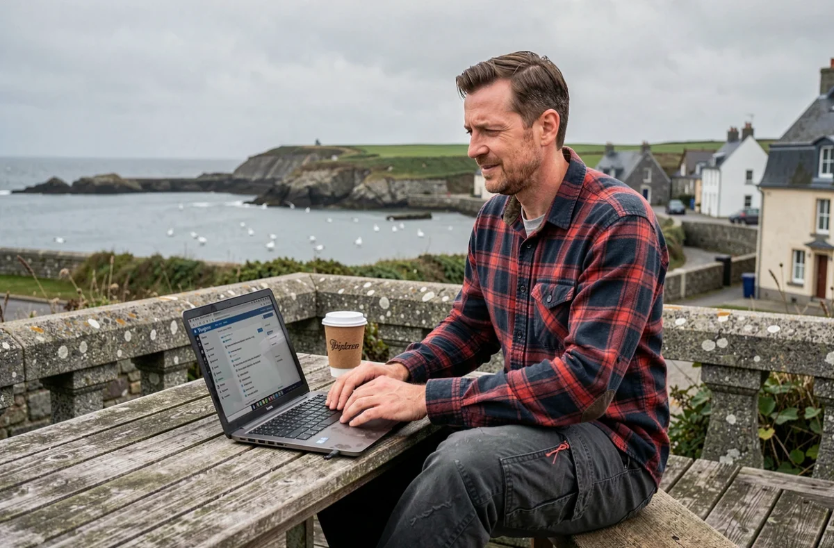Développeur de Web Expert Bretagne travaillant sur WordPress en extérieur face à un village côtier breton