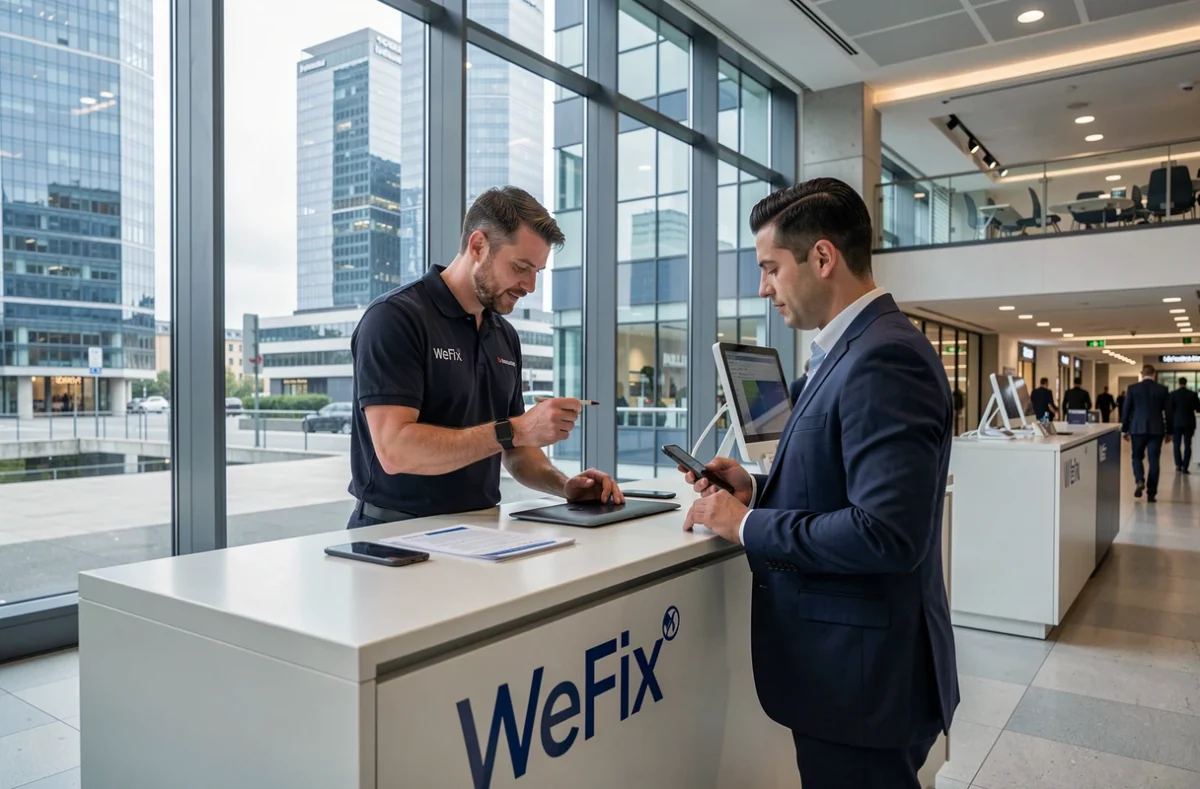 Comptoir WeFix Les 4 Temps à La Défense avec un technicien conseillant un client professionnel sur la réparation de son smartphone
